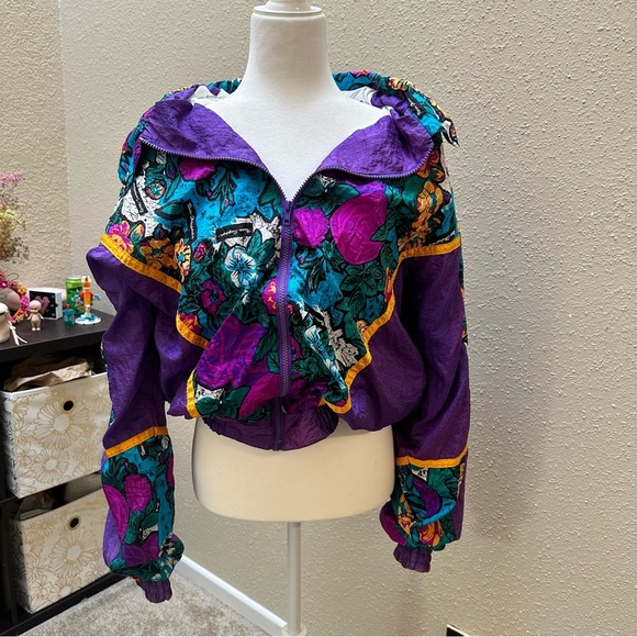Jackets & Blazers - Rare Vintage 80s Shell Shock Rosa Damascana Purple Floral Windbreaker Large/XL